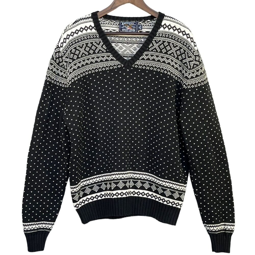 American Living Knit Sweater Men's Size XL Black‎ White V-Neck Long Sleeves
